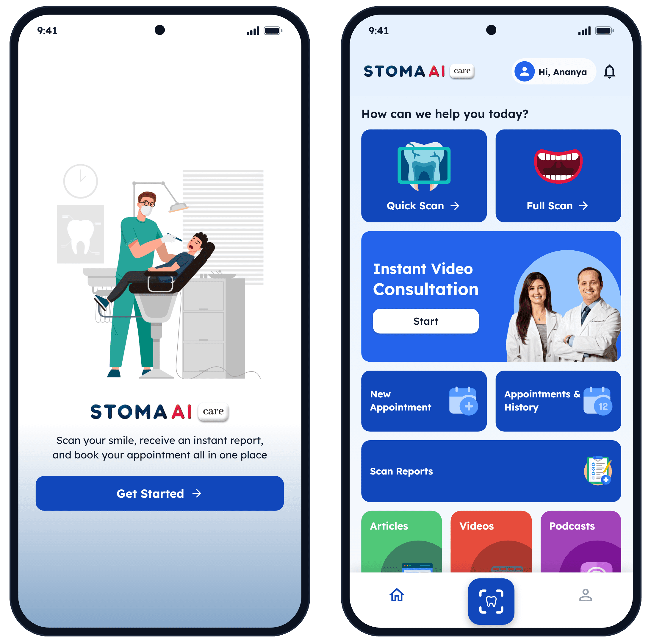 STOMA AI Care app: welcome screen and home screen with Quick Scan, Full Scan and video consultation